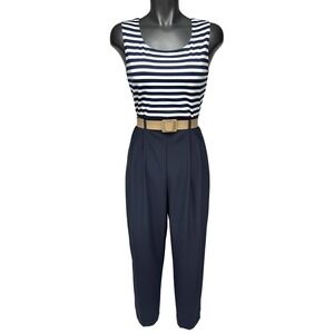 JOHN ROBERTS 80s Vintage Nautical Stripe Navy Wide-Leg Jumpsuit w/belt Size 6